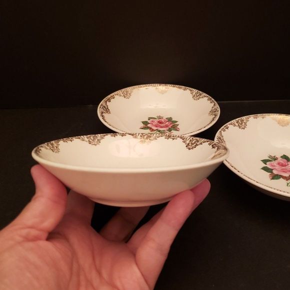 American Rose Dessert Fruit Bowls Small Paden City Pink Roses Gold Vintage Lot 3 - Picture 6 of 10